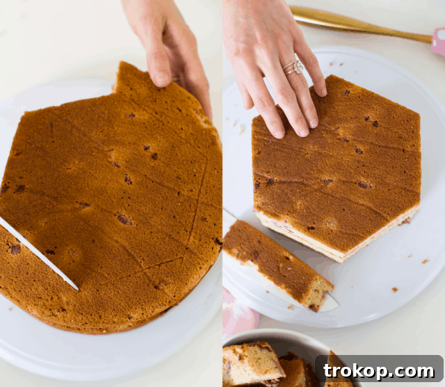 Sweet Flower Pot Cake Secrets 6 A stacked cake being carefully carved into a modern hexagon shape with a knife, illustrating the shaping process for the flower pot.