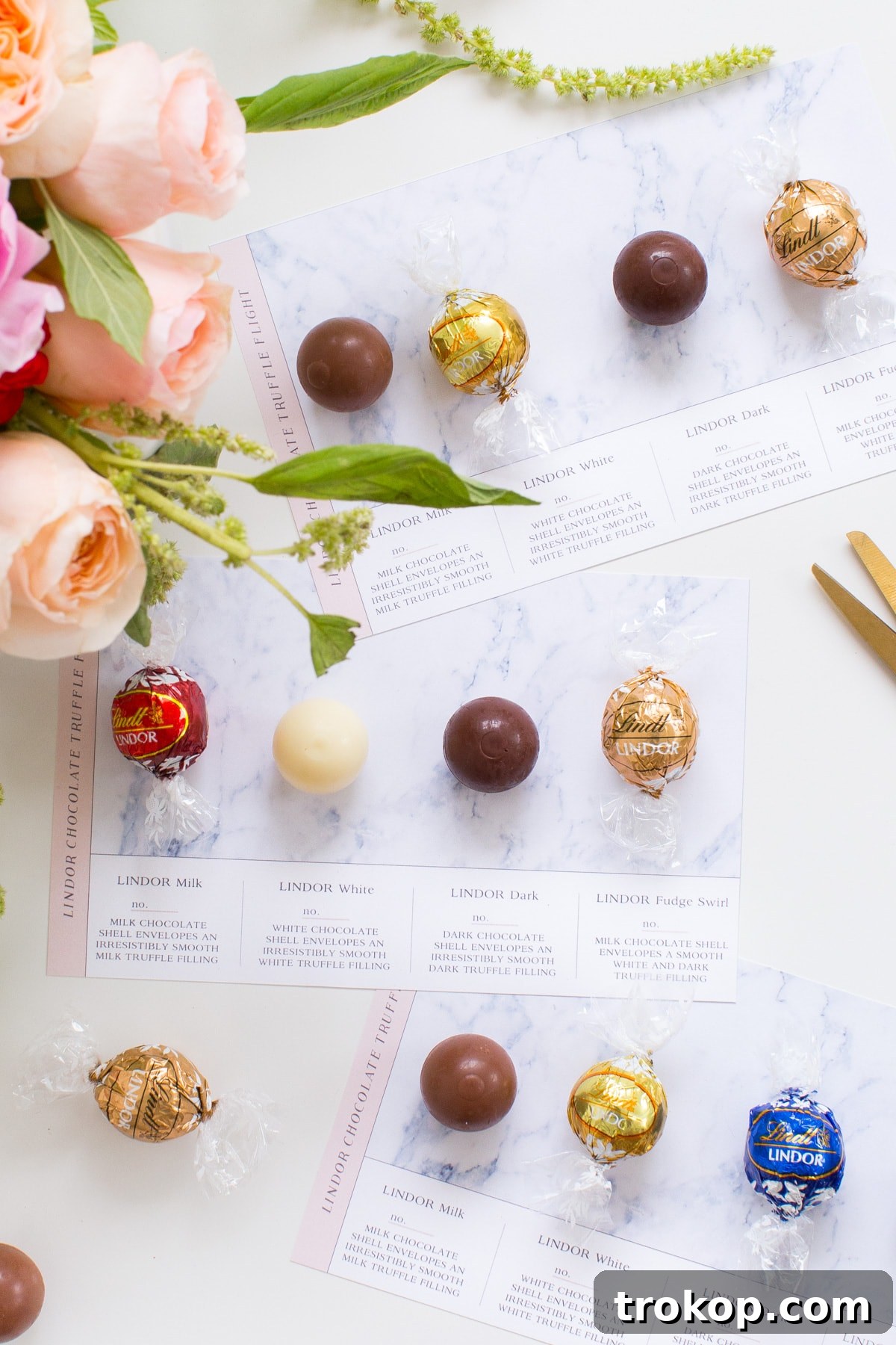 DIY Chocolate Truffle Tasting Flight Kit 5 Individual Lindt LINDOR truffles displayed on the tasting card.