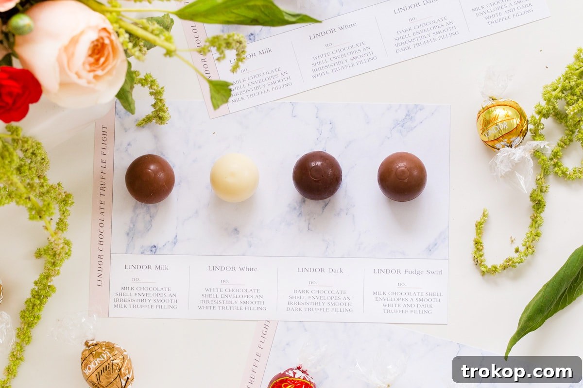 DIY Chocolate Truffle Tasting Flight Kit 6 Overhead view of the completed chocolate truffle flight with Lindt LINDOR truffles and tasting notes.