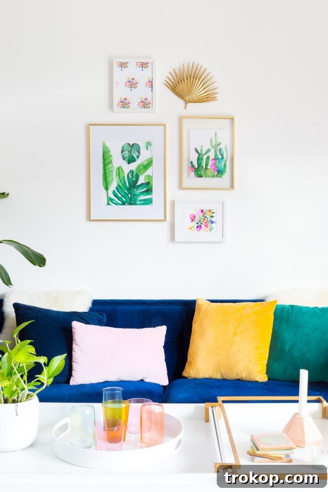 Collection of beautifully framed watercolor botanical prints creating a chic gallery wall