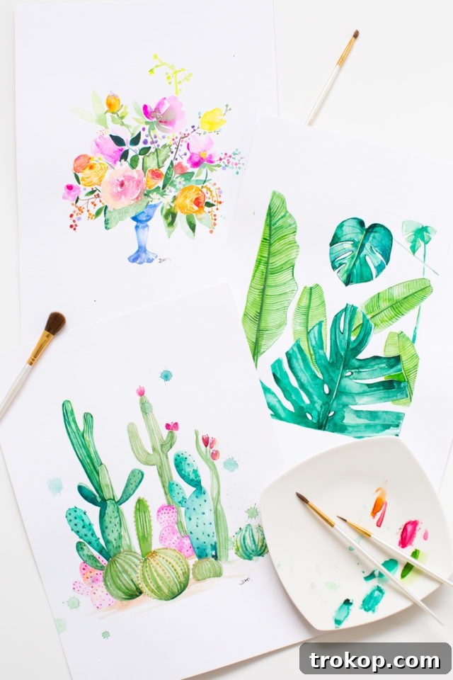 Closeup of framed watercolor printable wall art, showcasing the ease of DIY decor