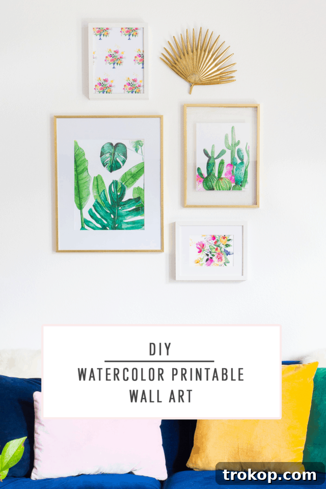 Promotional image for DIY Watercolor Printable Wall Art by Sugar & Cloth featuring botanical designs