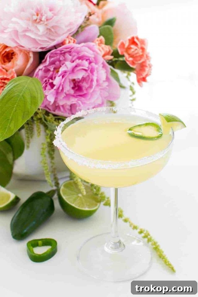 A beautifully garnished spicy skinny margarita with a salted rim and lime slice