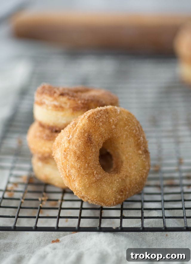 A freshly fried donut being tossed in a bowl of cinnamon sugar mixture.
