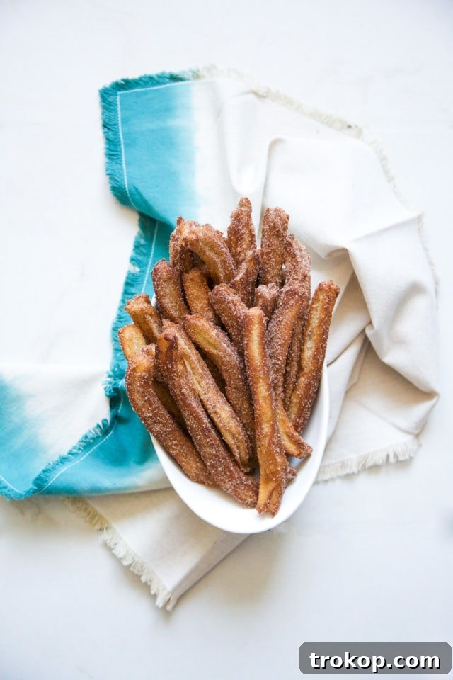 A small bowl of rich, dark chili chocolate tequila dipping sauce, with a few cinnamon churros arranged around it.