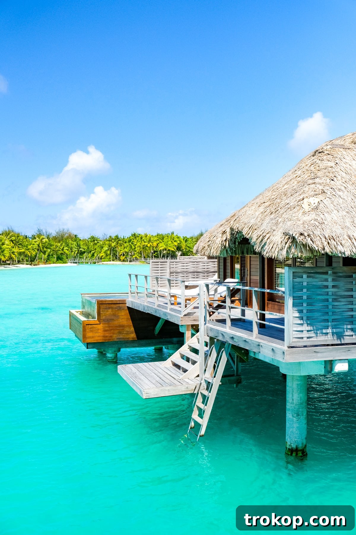 Clear blue water of Bora Bora with small fish visible