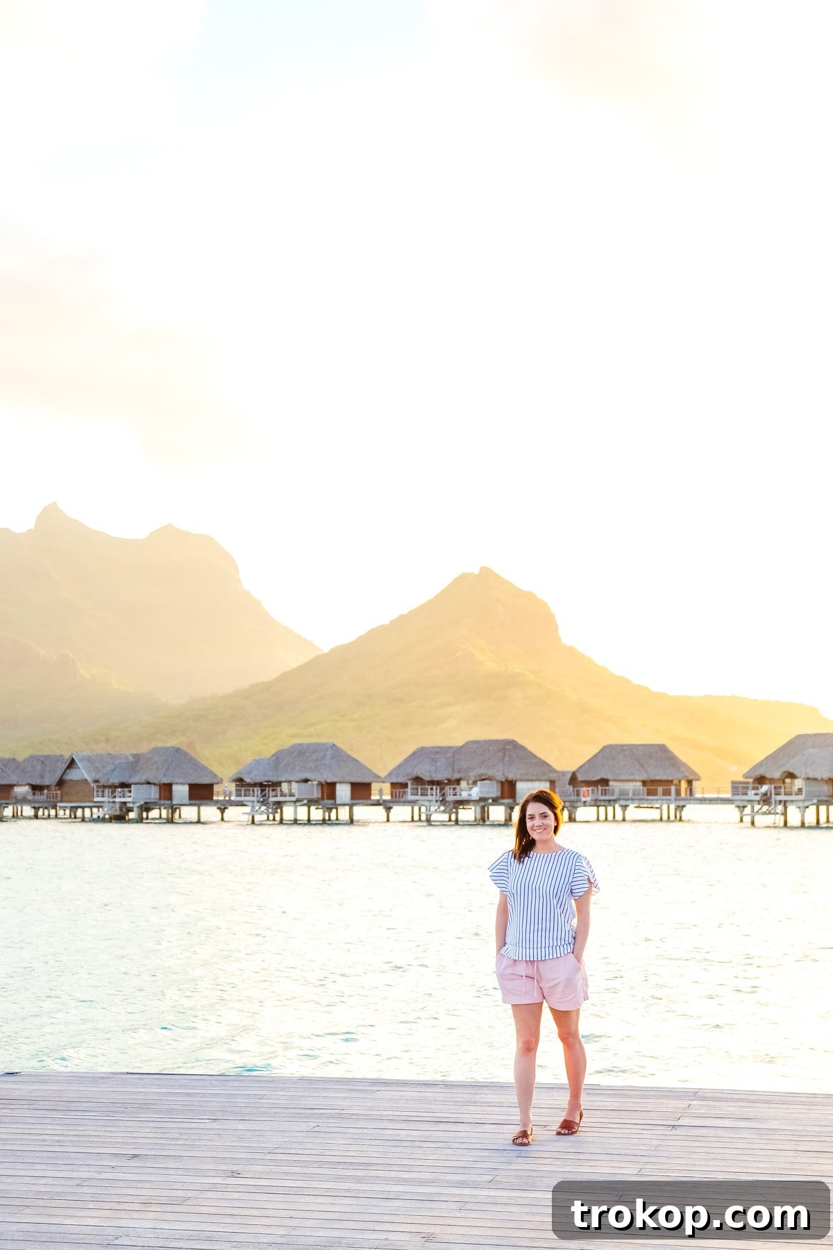 Panoramic view of Bora Bora's iconic Mount Otemanu from an overwater bungalow