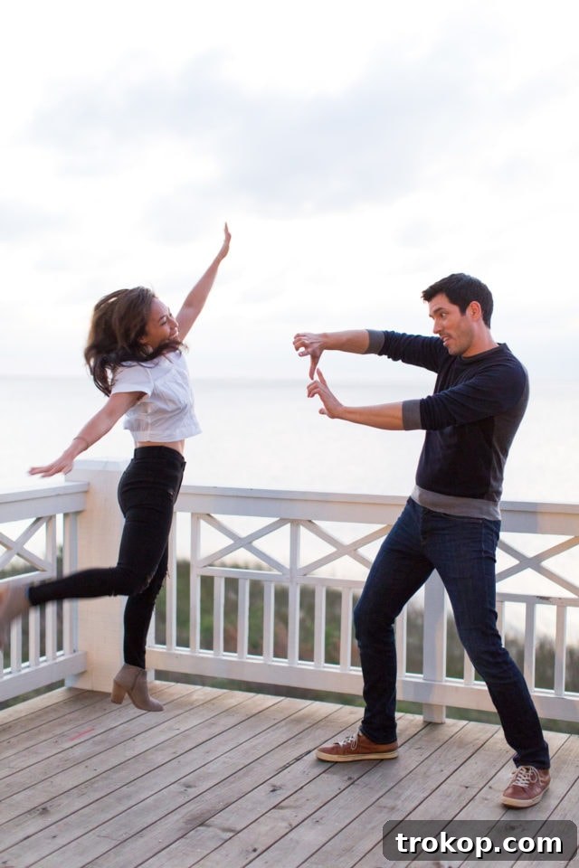 Drew Scott's Guide to DIY Shadow Art Magic 4 Jared and Ashley Rose making funny poses for shadow art during filming