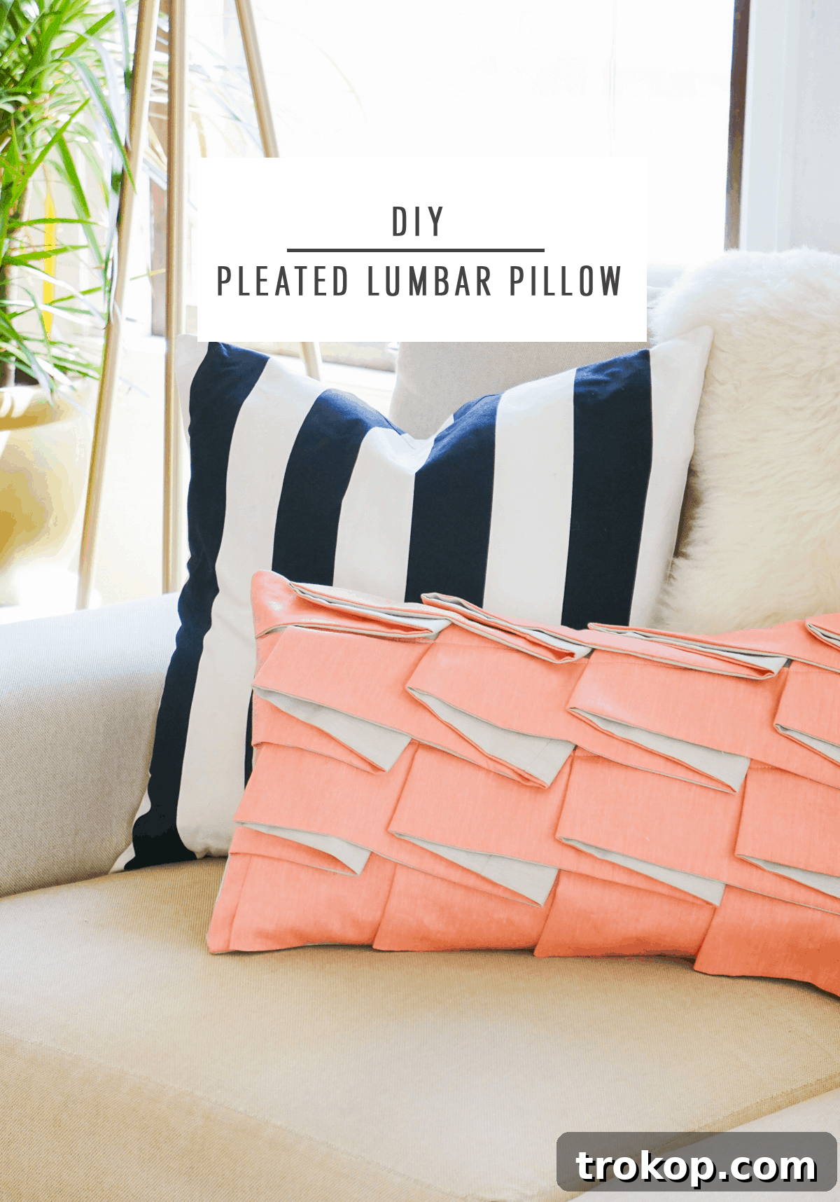 DIY Tailored Pleat Lumbar Cushion 18 Collage of DIY Structured Pleat Lumbar Pillow final look and details.