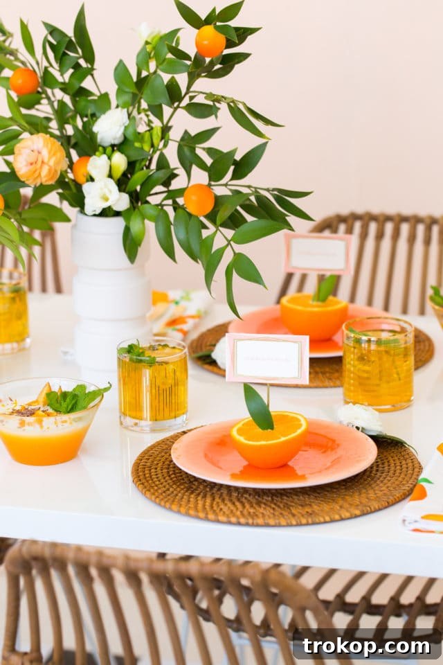 Orange themed party tablescape overview