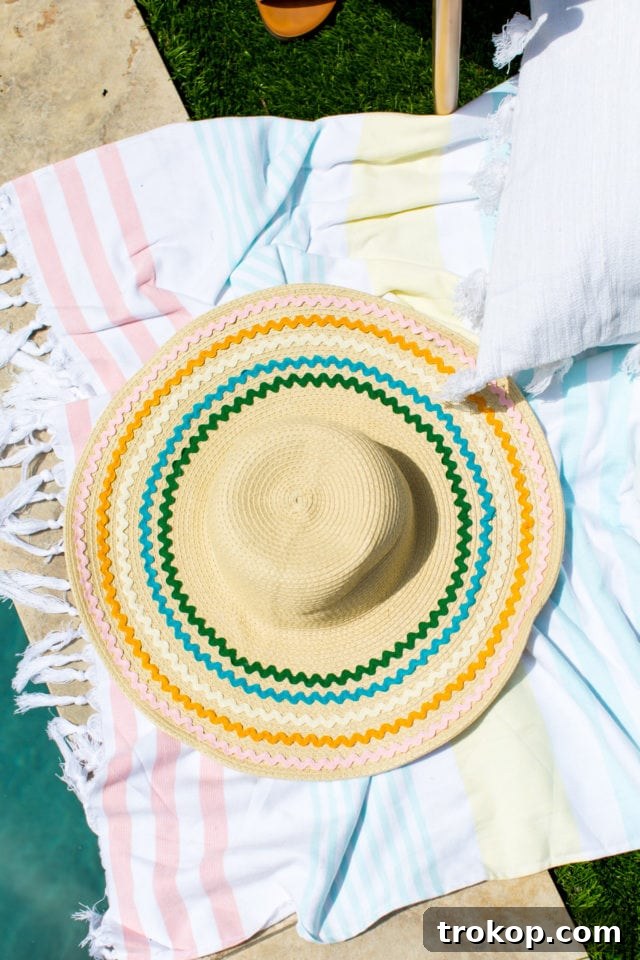 Vibrant Ric Rac DIY Sun Hat on a model, showcasing summer style and easy crafting