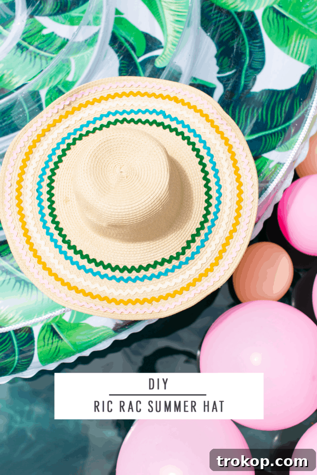 Collection of summer DIY projects and finds, including the ric rac hat