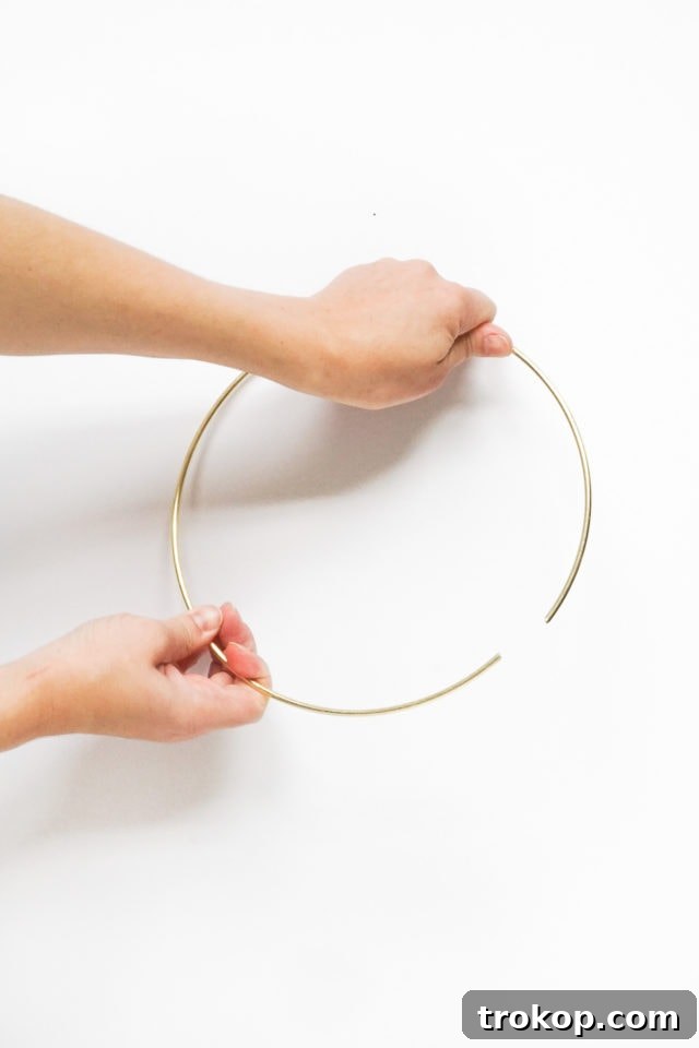 DIY Minimalist Flower Wall Hang: Step 1, separating the gold hoop