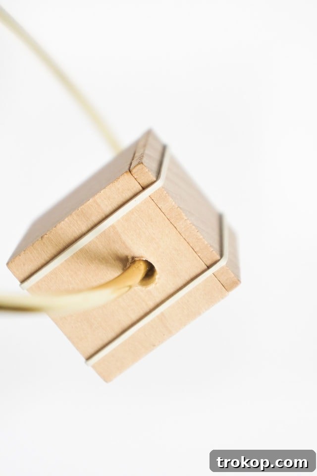 DIY Minimalist Flower Wall Hang: Step 4, alternative angle showing rubber bands on the wooden chip