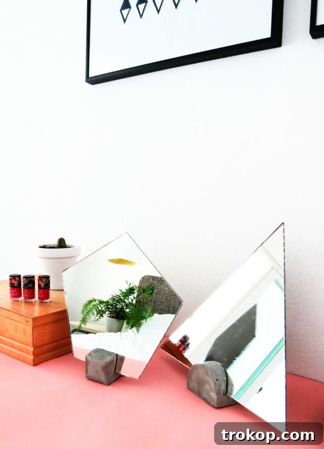 Close-up of the textured concrete base on a DIY vanity mirror project.