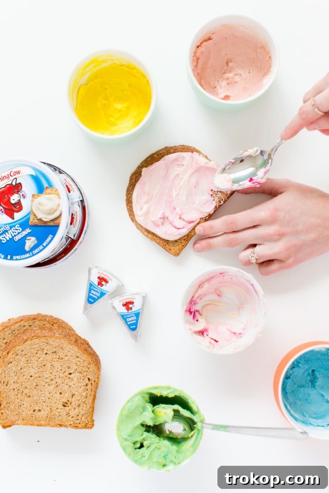 Bread toasted and colored cream cheese