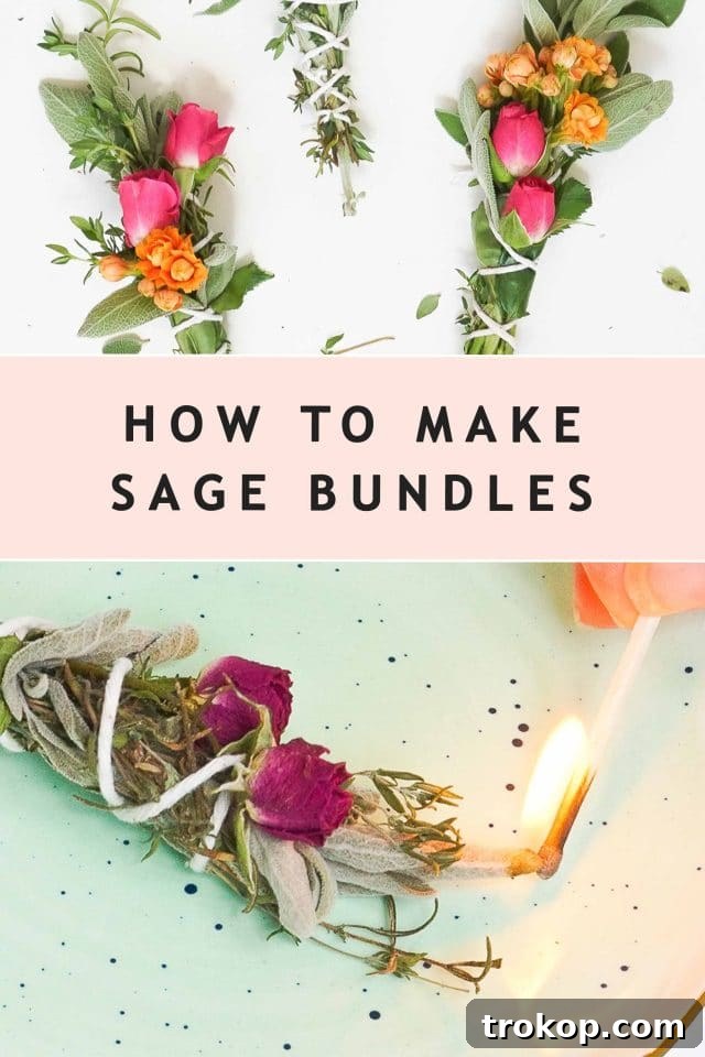 An assortment of dried sage bundles with various flowers, laid on a wooden surface next to fresh sage and crafting tools, ready for packaging or display as natural home fragrance.
