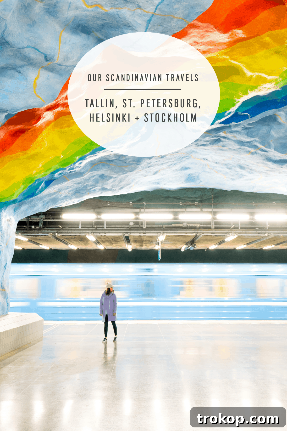 Detailed artwork on the walls of a Stockholm subway station