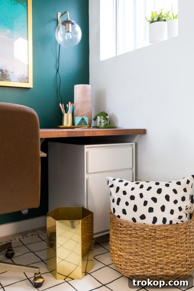 Fully styled and decorated home office nook, showcasing the complete transformation