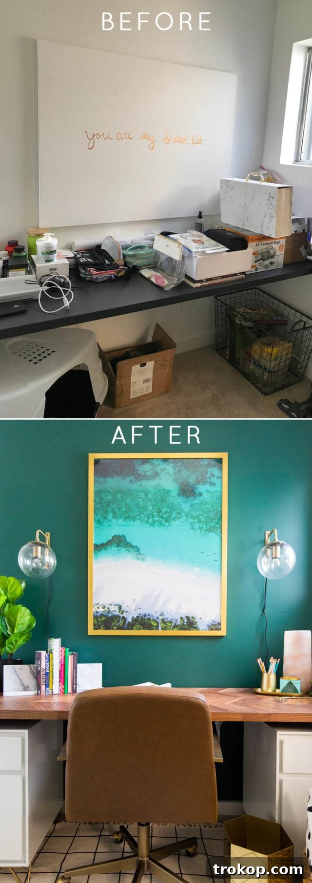 Cluttered and disorganized home office nook before makeover, showing a pile of miscellaneous items