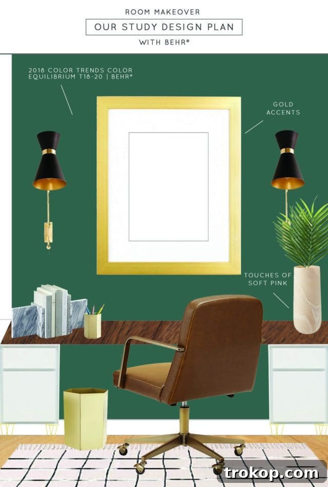 Design inspiration mock-up for the home office nook featuring a green accent wall and modern desk