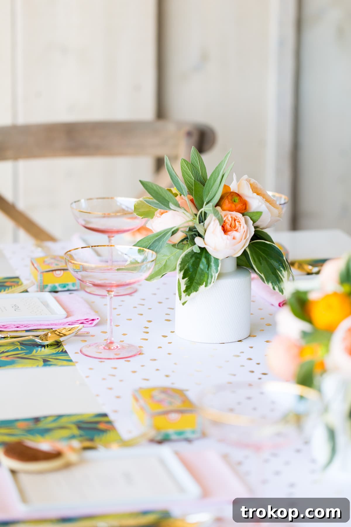 Round Top Blogger Retreat: A Pastel Poolside Brunch by top Houston lifestyle blogger Ashley Rose of Sugar and Cloth showcasing tropical palm print placemats and gold foil menus.
