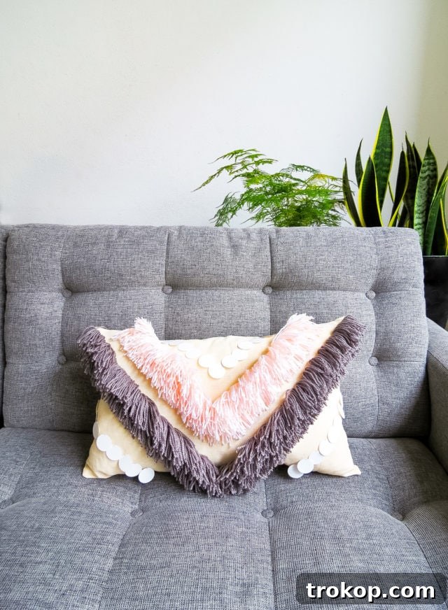 Boho Yarn Fringe Pillow Project 2 DIY Yarn Fringe Throw Pillow, a customizable home decor project with woven texture