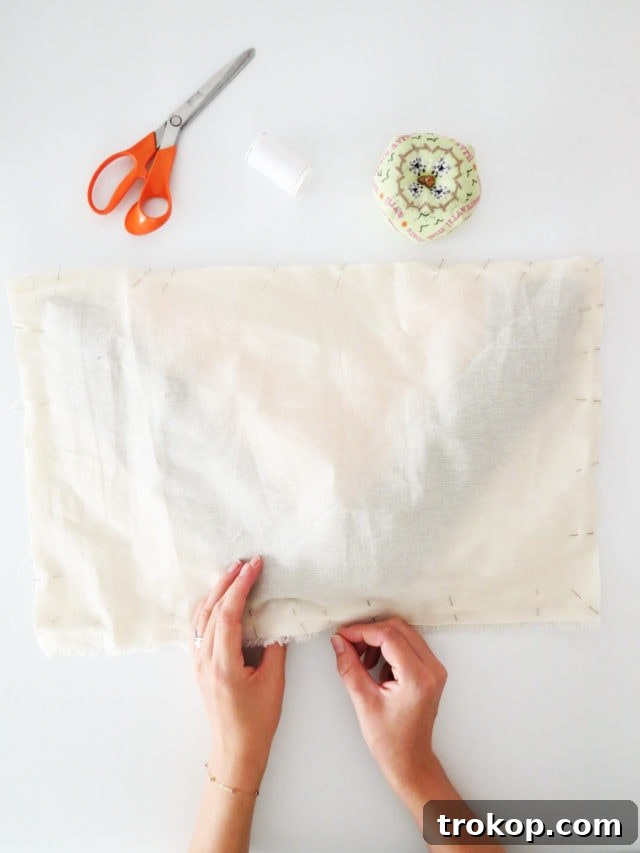 Boho Yarn Fringe Pillow Project 12 Pinning and sewing the two fabric pieces for the pillow cover