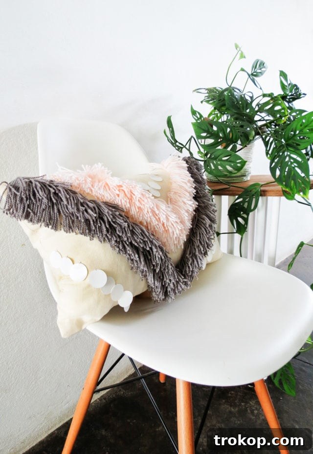Boho Yarn Fringe Pillow Project 14 Finished DIY Woven Yarn Fringe Throw Pillow styled in a home setting