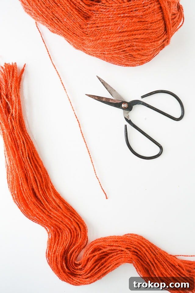 Step 2: Bundles of yarn cut to length, ready for knotting.