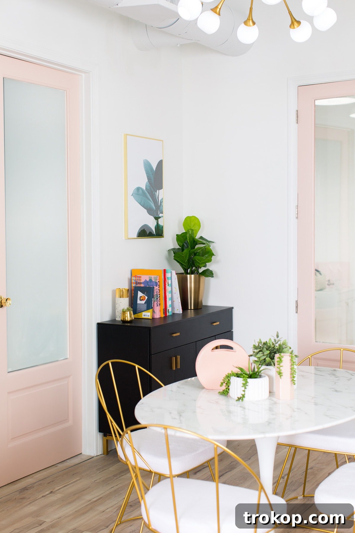 Our New Studio Meeting Room Makeover Revealed 15 Blush pink interior design with white chairs and gold elements