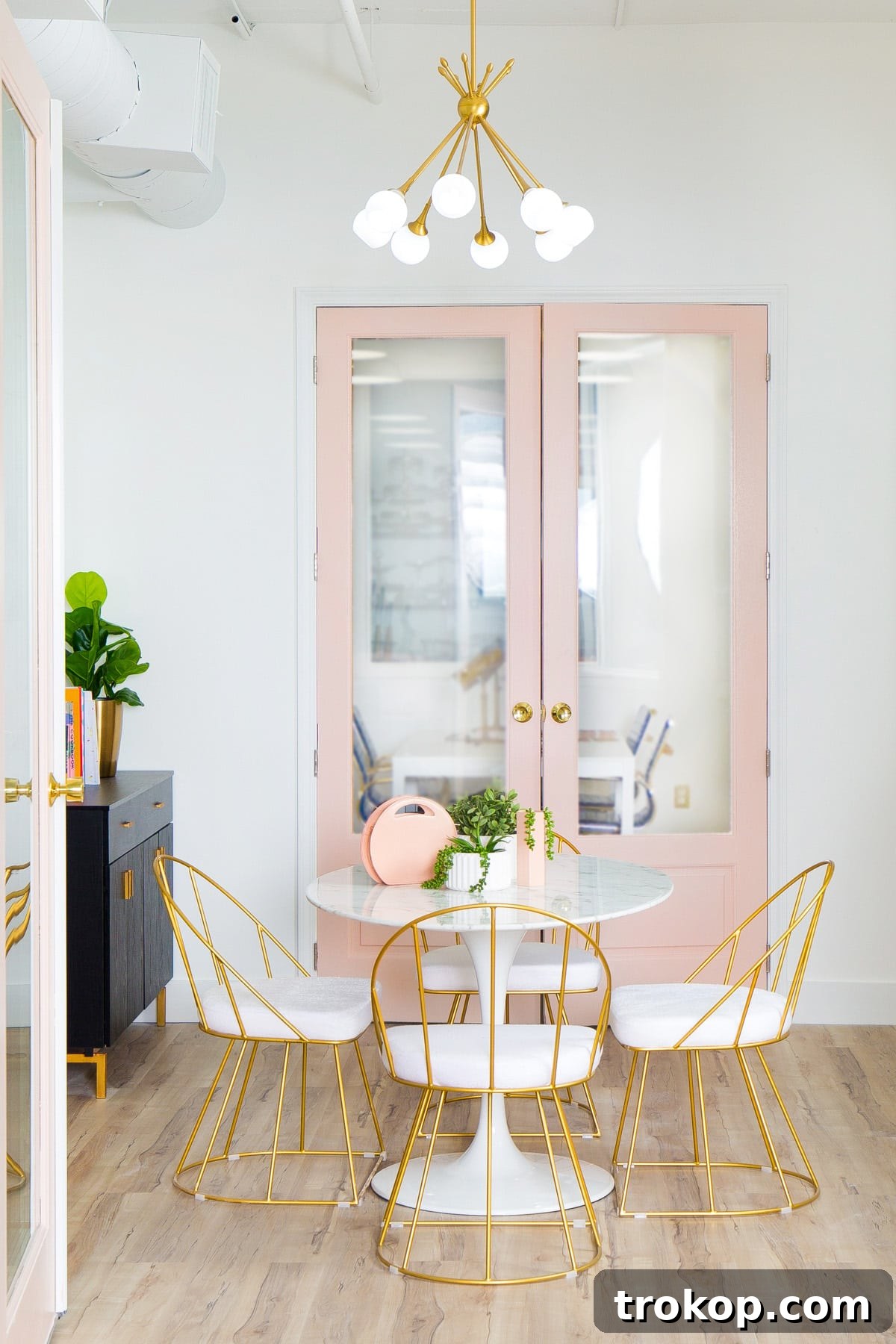 Our New Studio Meeting Room Makeover Revealed 4 Studio meeting room with blush pink doors and gold accents