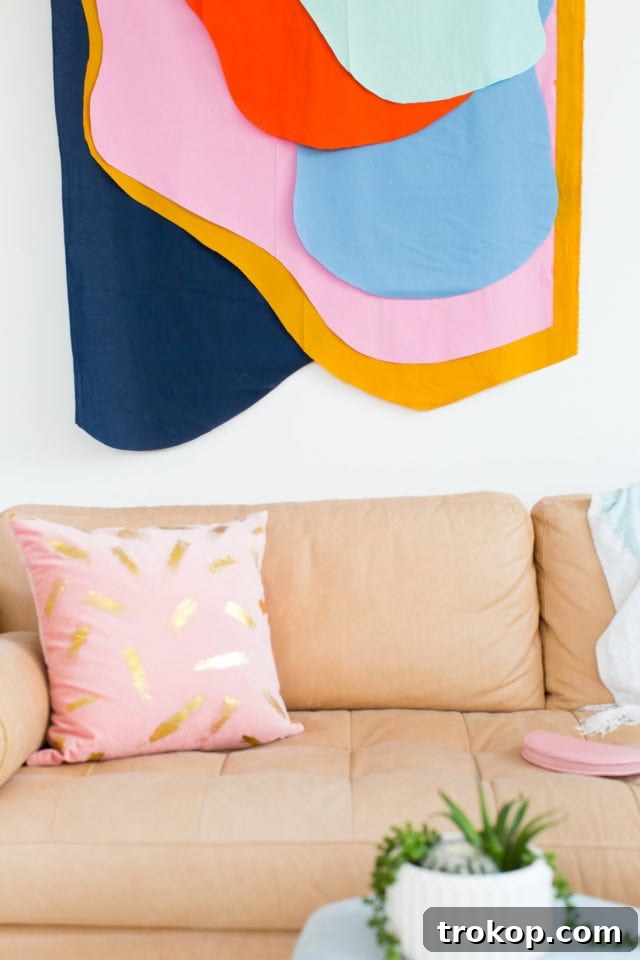 Another view of the completed DIY Fabric Wall Hanging, demonstrating its versatility and modern appeal