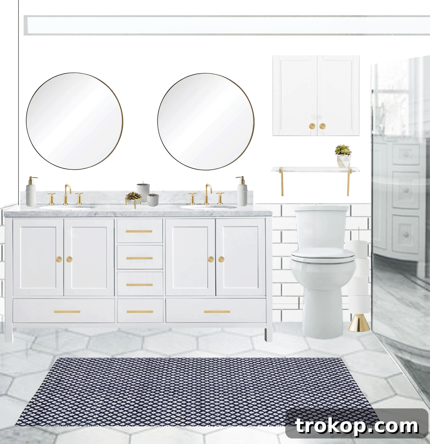 One Room Challenge Week 2: Detailed visual design plan for a luxurious master bathroom featuring gold fixtures, marble tiles, and a freestanding tub.