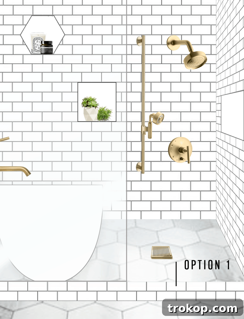 Option 1 for master bathroom shower design, featuring white subway tile for the shower barrier and integrated shelves.