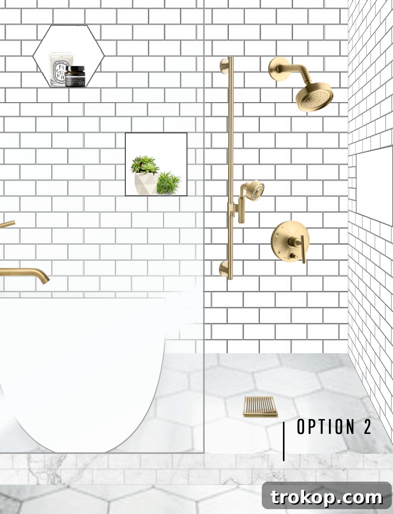 Option 2 for master bathroom shower design, featuring marble subway tile for the shower barrier to blend with the floor, and integrated shelves.