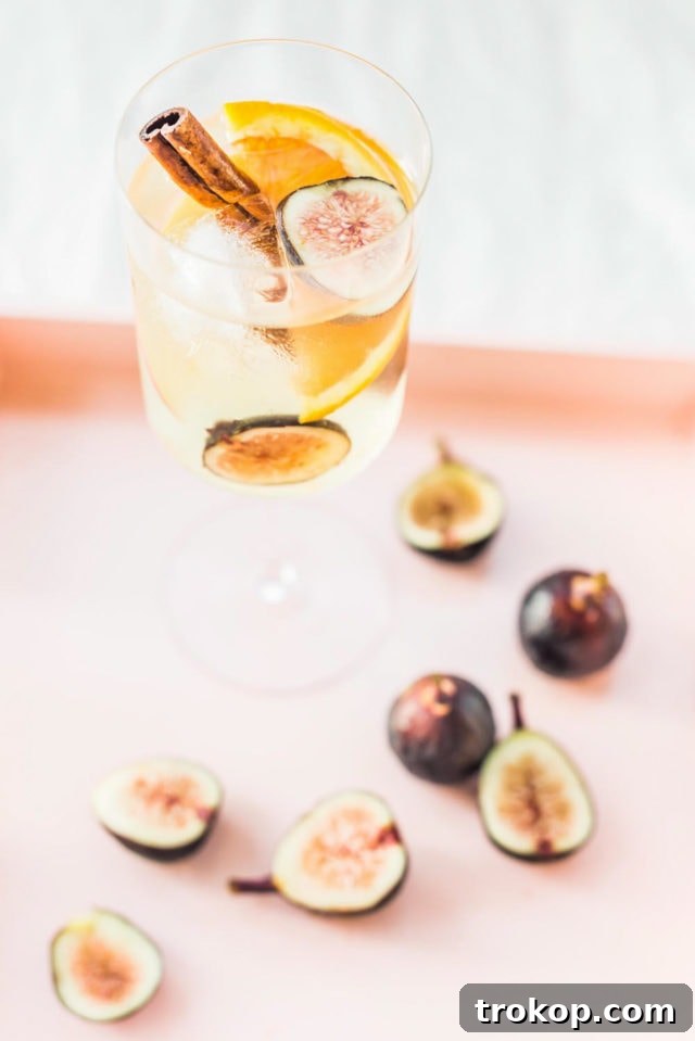 Autumn Fig Apple Cider Sangria 9 Overhead shot of two glasses of Fig Apple Cider Sangria, adorned with fresh fruit and cinnamon, on a rustic wooden table.