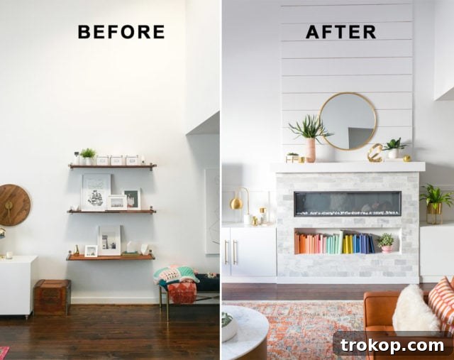 Our Townhouse Living Room Reimagined 3 Before and After: Living Room Makeover with Fireplace and Wainscoting Installation