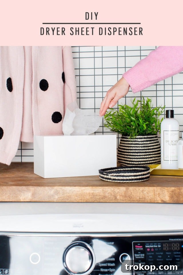 Our DIY dryer sheet dispenser on the butcher block, a simple and functional addition