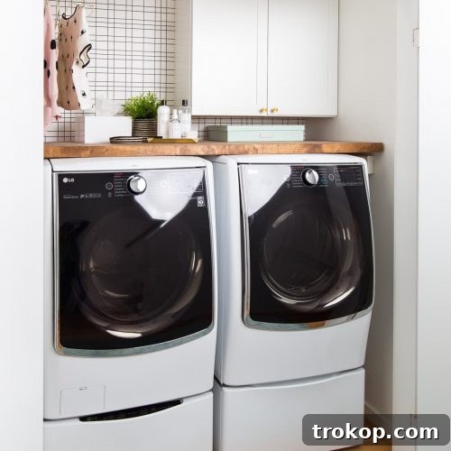 A beautifully organized laundry room with a close-up of the DIY dryer sheet dispenser