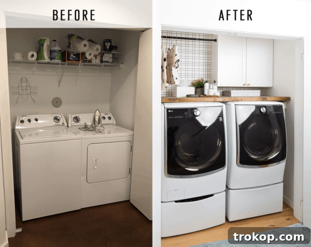 Side-by-side comparison of the laundry room before and after the renovation, highlighting the dramatic change