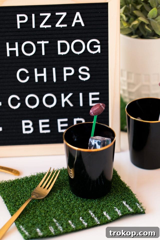 3 Game-Changing Ideas for Your Football Watch Party 4 DIY Football Drink Stirrers adding a festive touch to game-day beverages for a football watch party, a simple craft by Sugar & Cloth.