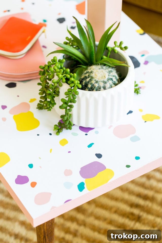 Stylish Faux Terrazzo Coffee Table DIY 3 Close-up of DIY Faux Terrazzo Coffee Table materials laid out