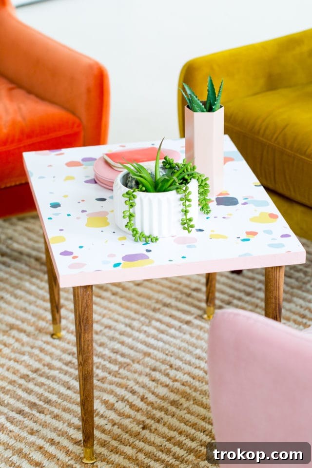 Stylish Faux Terrazzo Coffee Table DIY 9 Top-down view of the finished Faux Terrazzo Coffee Table pattern