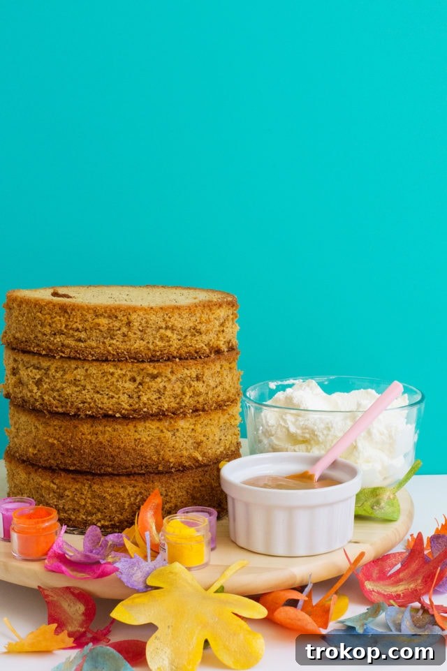 Spiced Chai Cake Adorned with Edible Foliage 6 Caramel Whipped Cream Filling