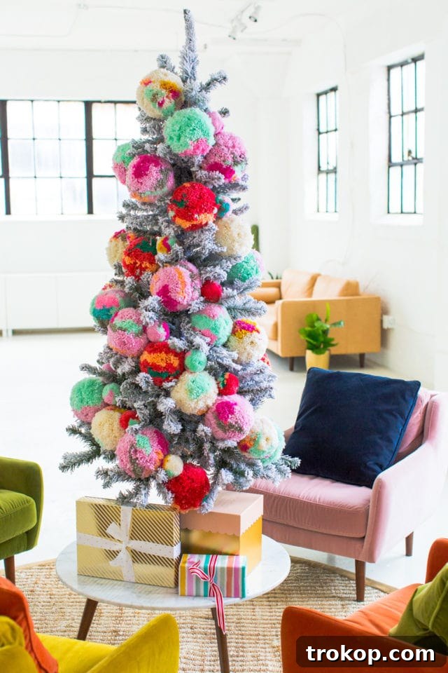 Our Studio Seating Area & How We Decorated for Christmas Decking the Studio: A Cozy Christmas Transformation 2 Christmas Tree Decorated with Jumbo Pom Poms in the Sugar & Cloth Studio