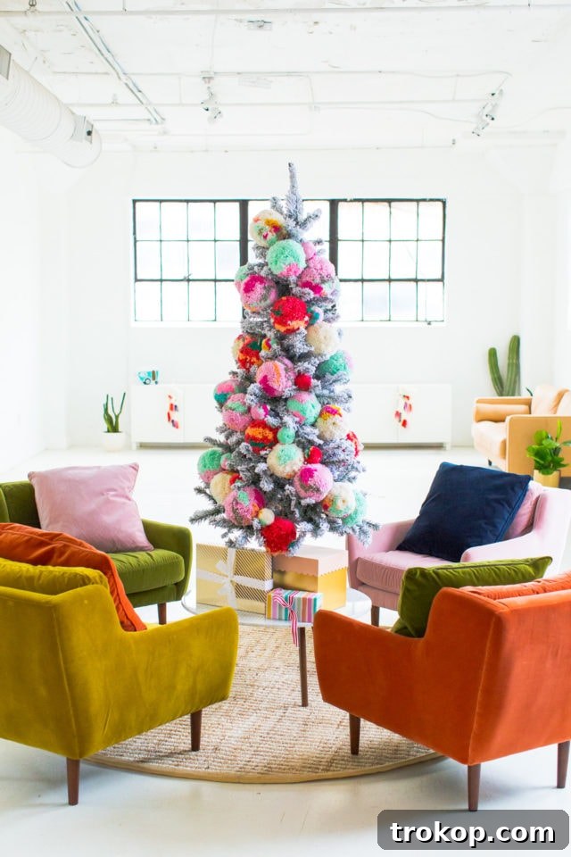 Our Studio Seating Area & How We Decorated for Christmas Decking the Studio: A Cozy Christmas Transformation 5 Cozy Studio Seating Area with Christmas Tree and Pom Pom Ornaments