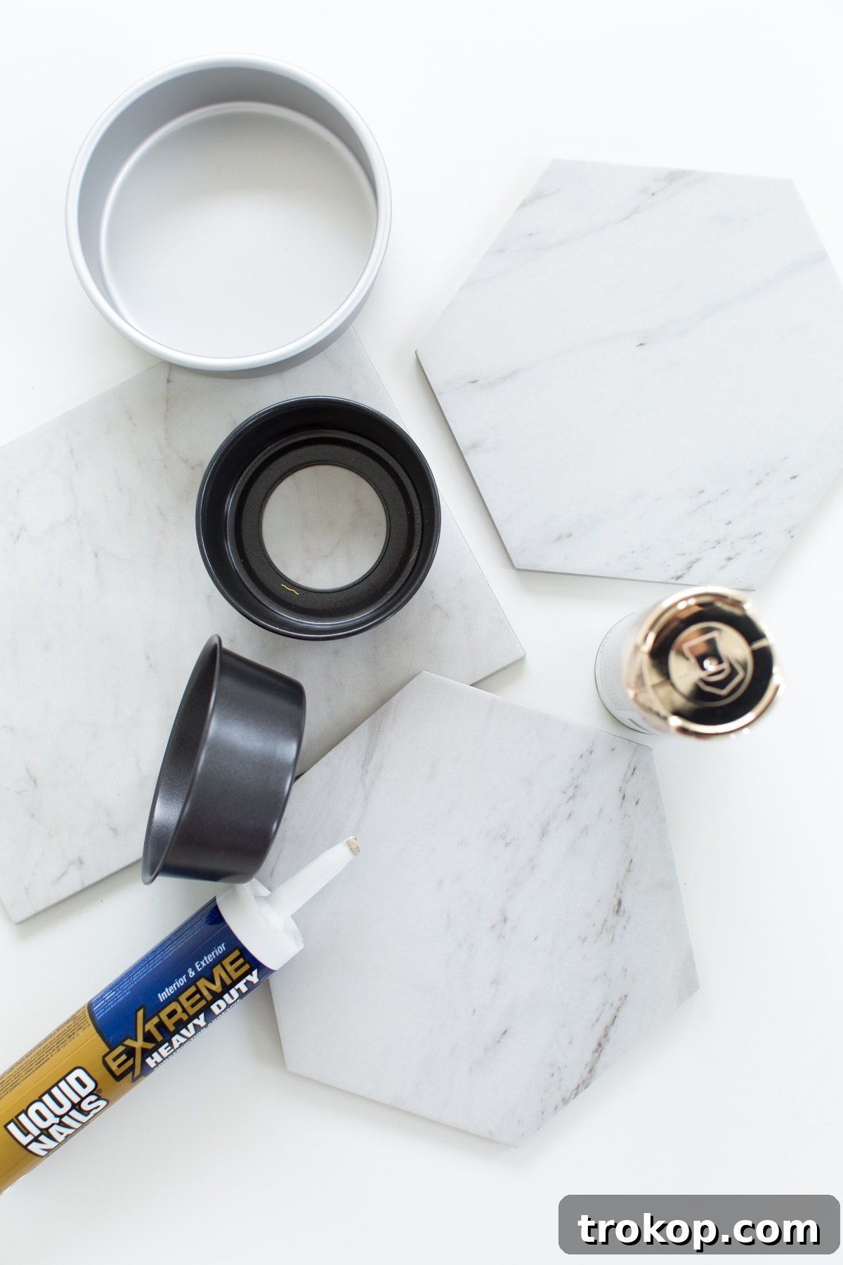 DIY Marble & Gold Serveware materials including marble tiles and gold cake pans