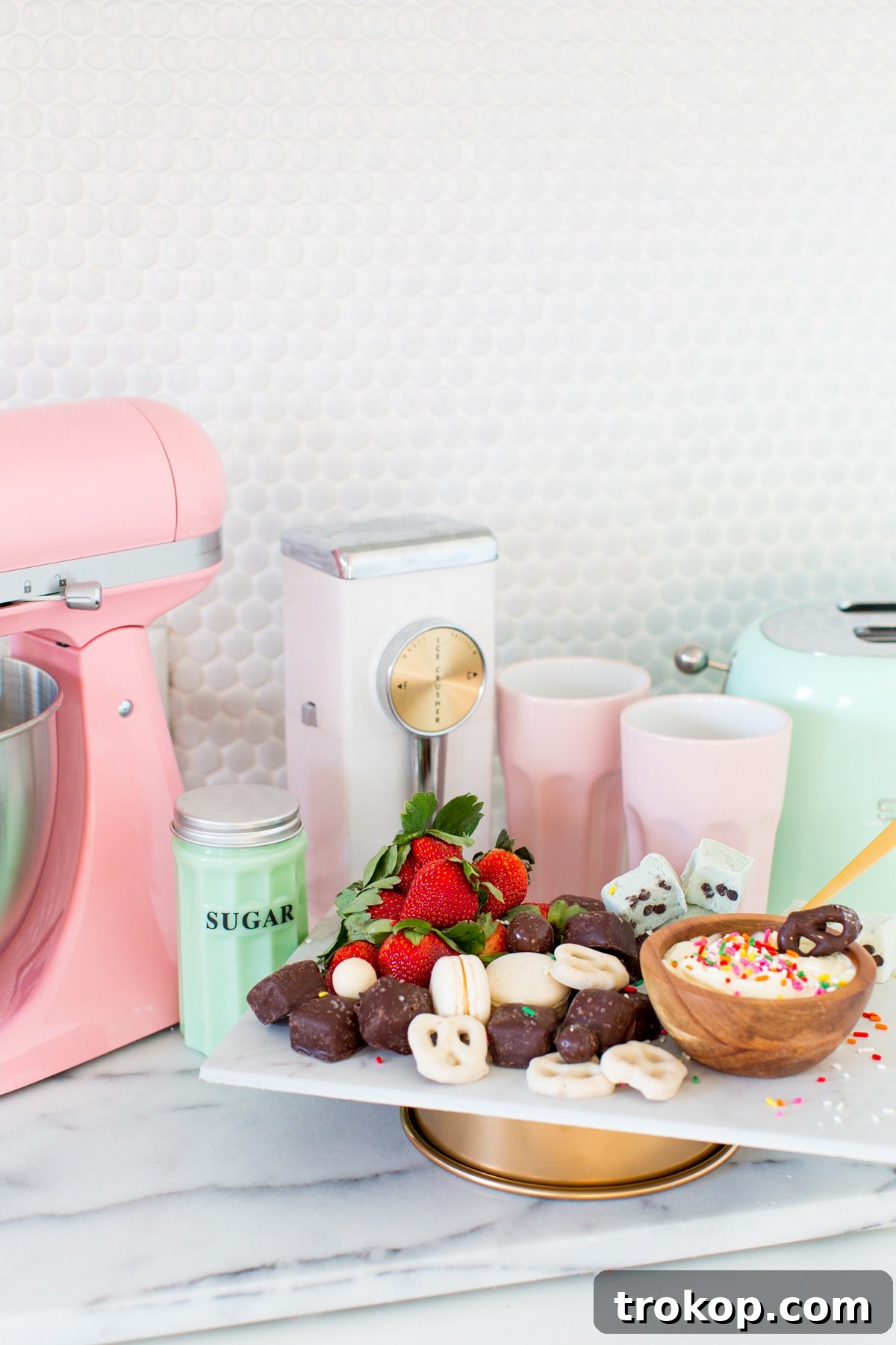 DIY Marble & Gold Serveware as a center piece with dessert and fruit options