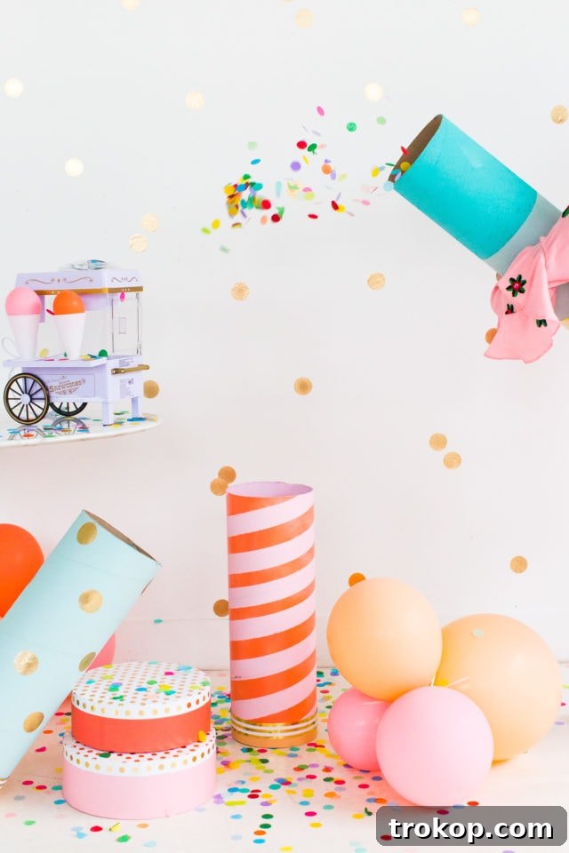 Epic DIY Confetti Blasts 12 Friends celebrating with jumbo DIY confetti poppers at a party